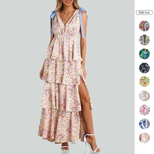 Wenrine Women’s Summer Floral Maxi Dress Tie Strap Sleeveless V Neck High Slit Boho Ruffle Tiered Beach Dresses