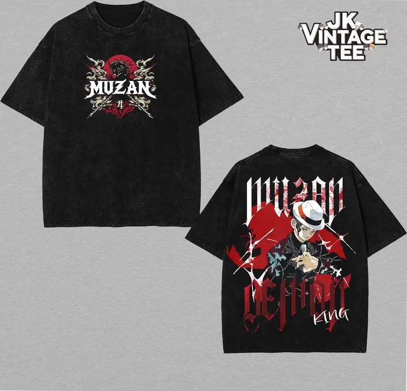 Demon King Muzan Oversized Graphic Tee, Washed Vintage Anime Streetwear T-Shirt for Men and Women, Cool Unisex Cotton Top for Daily Wear, Summer Manga Outfit, Casual Otaku Style, Gift for Demon Slayer Fans & Cosplayers