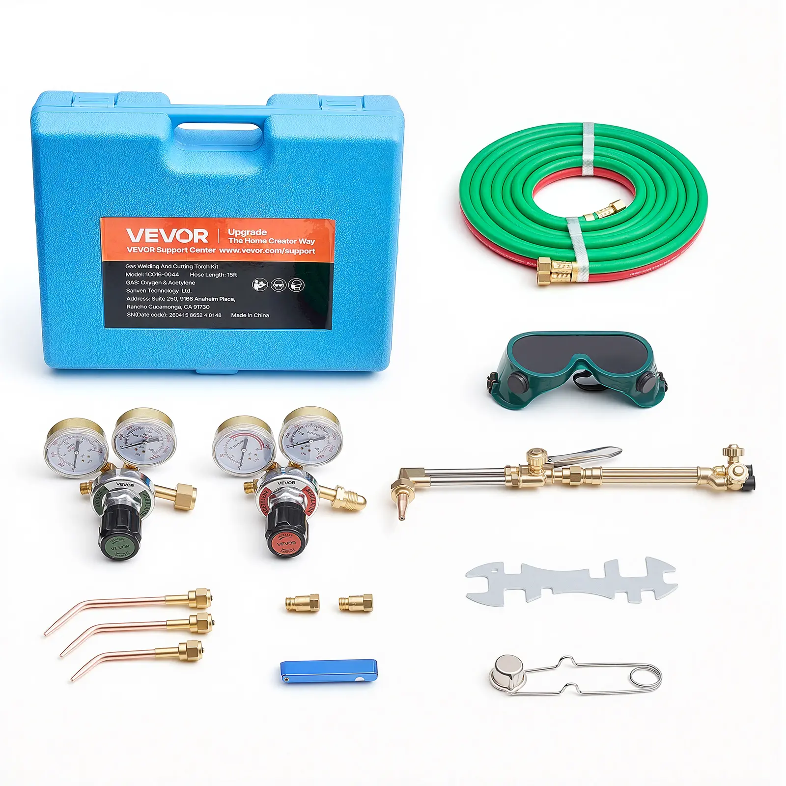 VEVOR Brass Oxygen Acetylene Handheld Torch Kit, Portable Gas Welding Cutting Brazing Tools with 15FT Twin-Hose Setup, 2 Regulators + Tools, CGA510 Acetylene Connection, 2 External Check Valves, 1 Cutting Tip, 3 Welding Tips, Toolbox