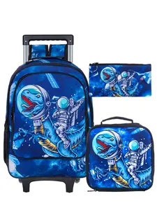 Rolling Backpack for Boys, Kids Roller Wheels School Bookbag with Lunch Bag, Wheeled School Bag for Children - Dinosaur
