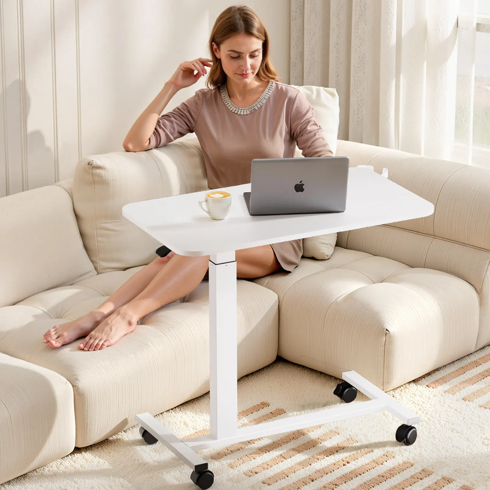 GTPLAYER Multifunctional Steel Frame Overbed Table - Pneumatic Mobile Ergonomic Standing Desk, Lockable Wheels, Height-Adjustable, Compact Durable Design, Easy Setup, Adaptable Desk Stand End Tables for Home Use, Adaptable Standing Desk End Tables