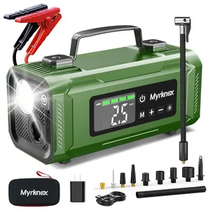 Myrknox Portable All-in-One Car Jump Starter with LED Light 7 Nozzles Tire Pressure Monitor Air Inflator & Power Bank for Emergency Use