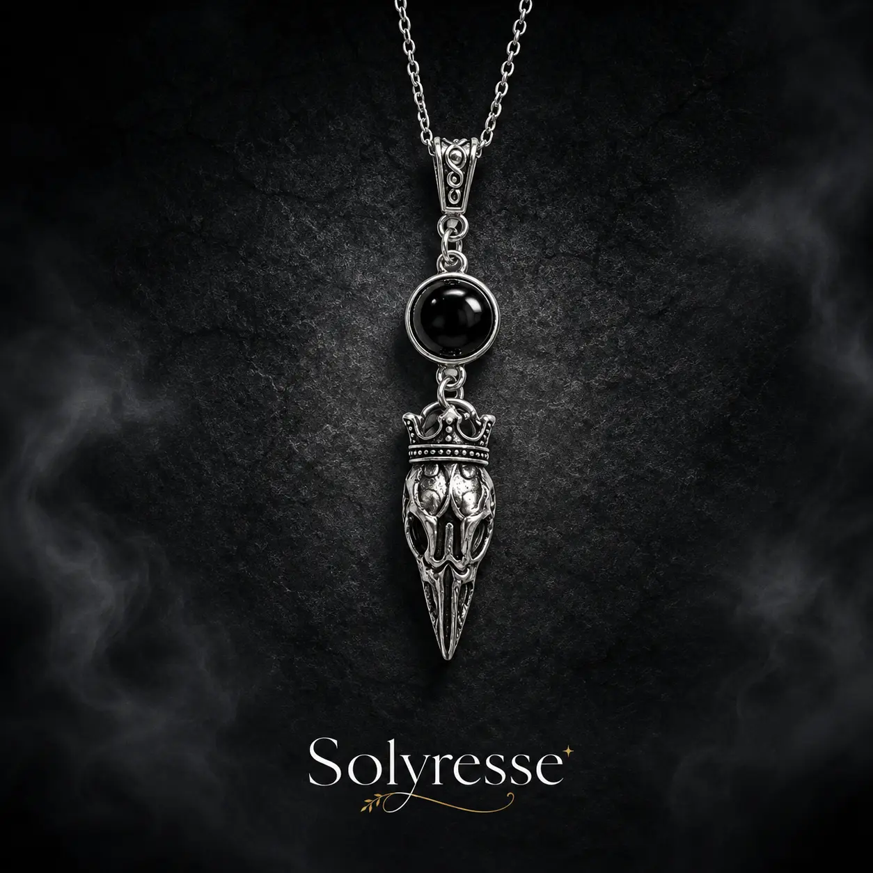 Gothic Raven Skull Necklace with Black Onyx Stone, Vintage Silver Bird Skull Pendant, Dark Fantasy Alternative Jewelry for Women and Men