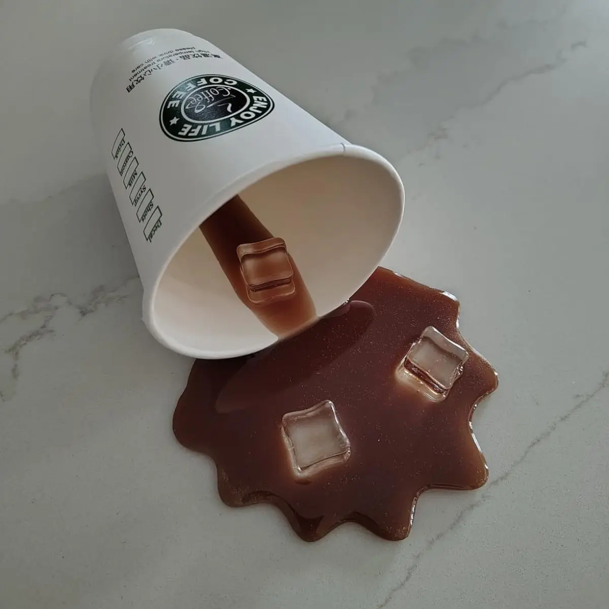 Fake Spilled Coffee Cup Prank Prop – Funny Gag Gift for Office & Home