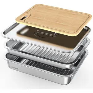 Grilling Prep and Serve Tays, Stainless Large Capacity Food Prep Tray, Grill Carry System, Marinade Container with Lid and Cutting Board,BBQ Grill Accessories, Grilling Gifts for Men