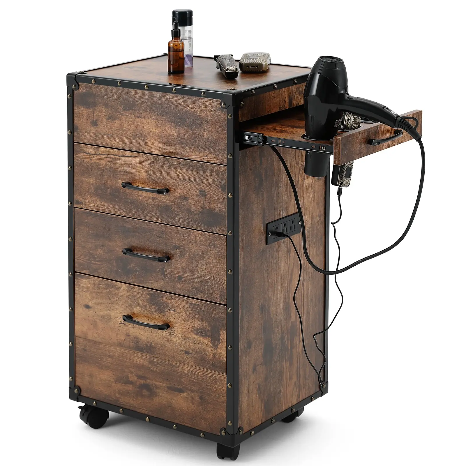 Salon Trolley Cart with Wheels Barber Station Drawers Hair Dryer Holders Storage Cabinet for Barbershop Spa Studio Easy Mobility and Organized Tools