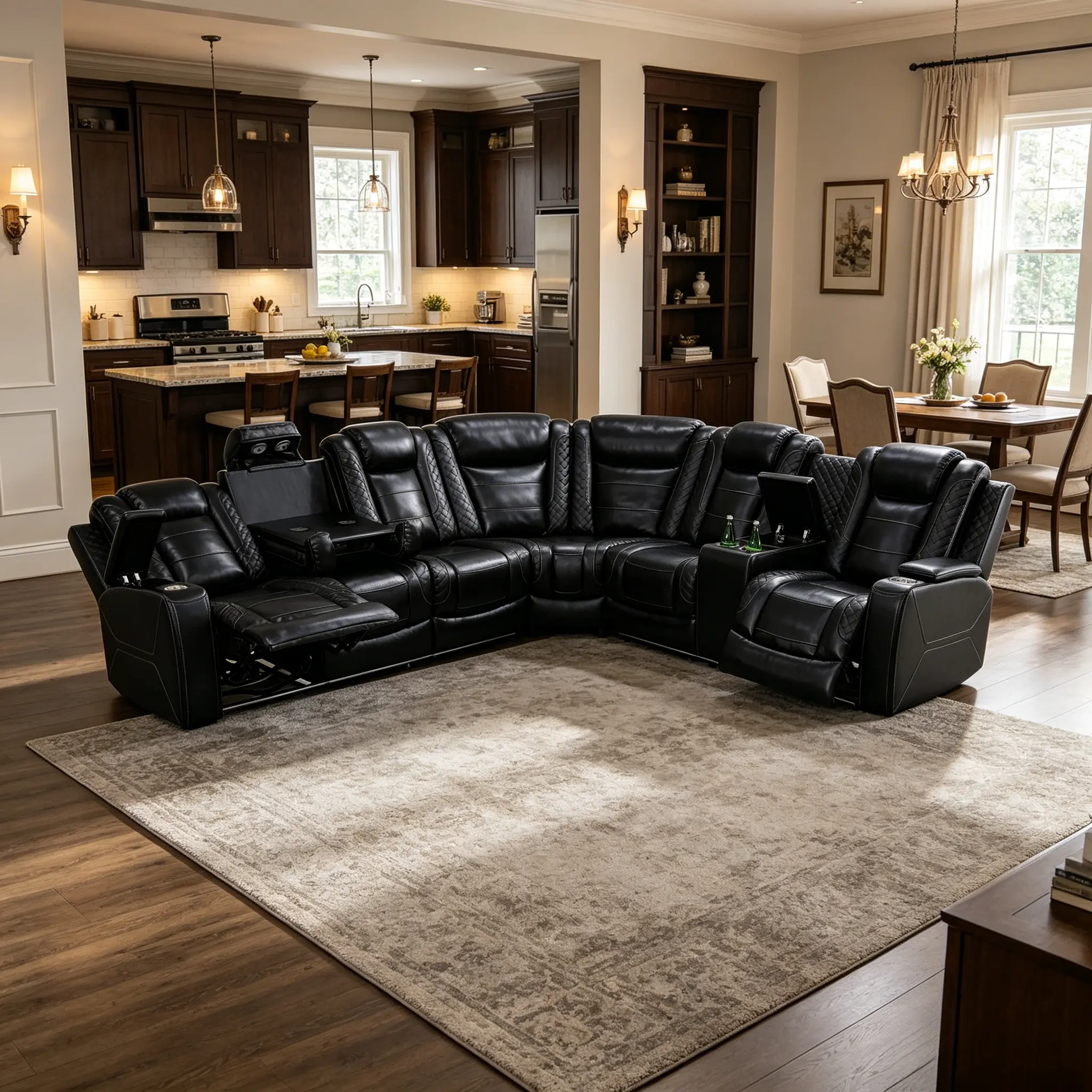 Classic Black Breathable Leather L-Shaped Sectional Sofa Suite - Sturdy Durable Load-Bearing Indoor Furniture, Adjustable Arms, Auto-Adjusting Feature, Multi-Section Design, Soft Comfortable Touch, Fits Various Home Decor, Assembly Required