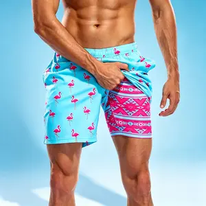 Mens Printed Inseam Swim Trunks with Compression Liner Swimming Shorts, Quick Dry Fabric Front Pockets, Adjustable Drawstring Swimming Shorts for Summer
