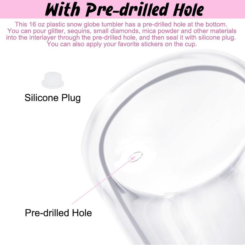 [ 4/6/8/25/50PCS ] 16 oz Plastic Snow Globe Tumbler, Pre-Drilled Double Wall Plastic Can Cold Drinks Snowglobe Cup with Lid and Straw for Snow Globe Glitter DIY Gift