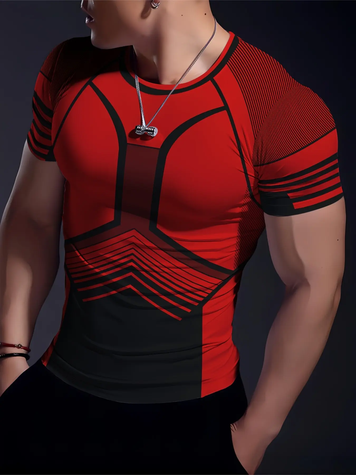 Men's Digital Mechanical Colorblock Sports Fashion Tee, High Stretch Comfortable Skin-Friendly Short Sleeve Round Neck, Fitted Design Activewear T Shirt Gym Tees