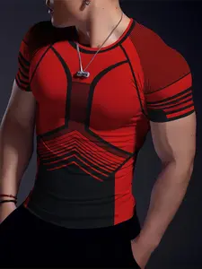 Men's Digital Mechanical Colorblock Sports Fashion Tee, High Stretch Comfortable Skin-Friendly Short Sleeve Round Neck, Gym T Shirts