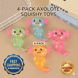4-Pack Cute Axolotl Squishies - Ultra-Soft Maltose Feeling Sensory Fidget Toys, Glittery Jelly Squeeze Balls for Stress Relief & Anxiety, Perfect Party Favors for Kids & Adults