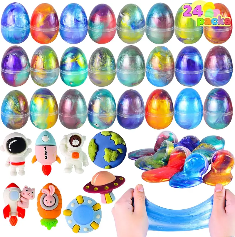 24 Pcs Galaxy Slime Eggs with Toys, Unscented, Multi-color, Easter, Space Theme, 3+ Years, Small, Multi Color, Slime with Toys, Putty, Childrens Multi-item Party Favor Packs, Unisex Children