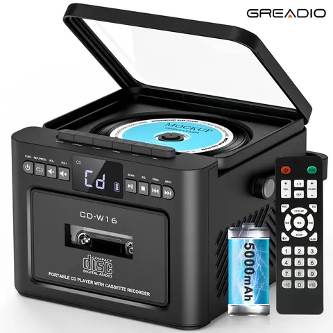 Greadio 9-in-1 Compact CD Music Player - Rechargeable Portable CD Player with BT 5.1 Wireless, 3.5mm AUX, ABS Surround Sound, FM Radio, USB/TF, 5000mAh Battery, Remote Control, LED Screen, for Parents Home Use