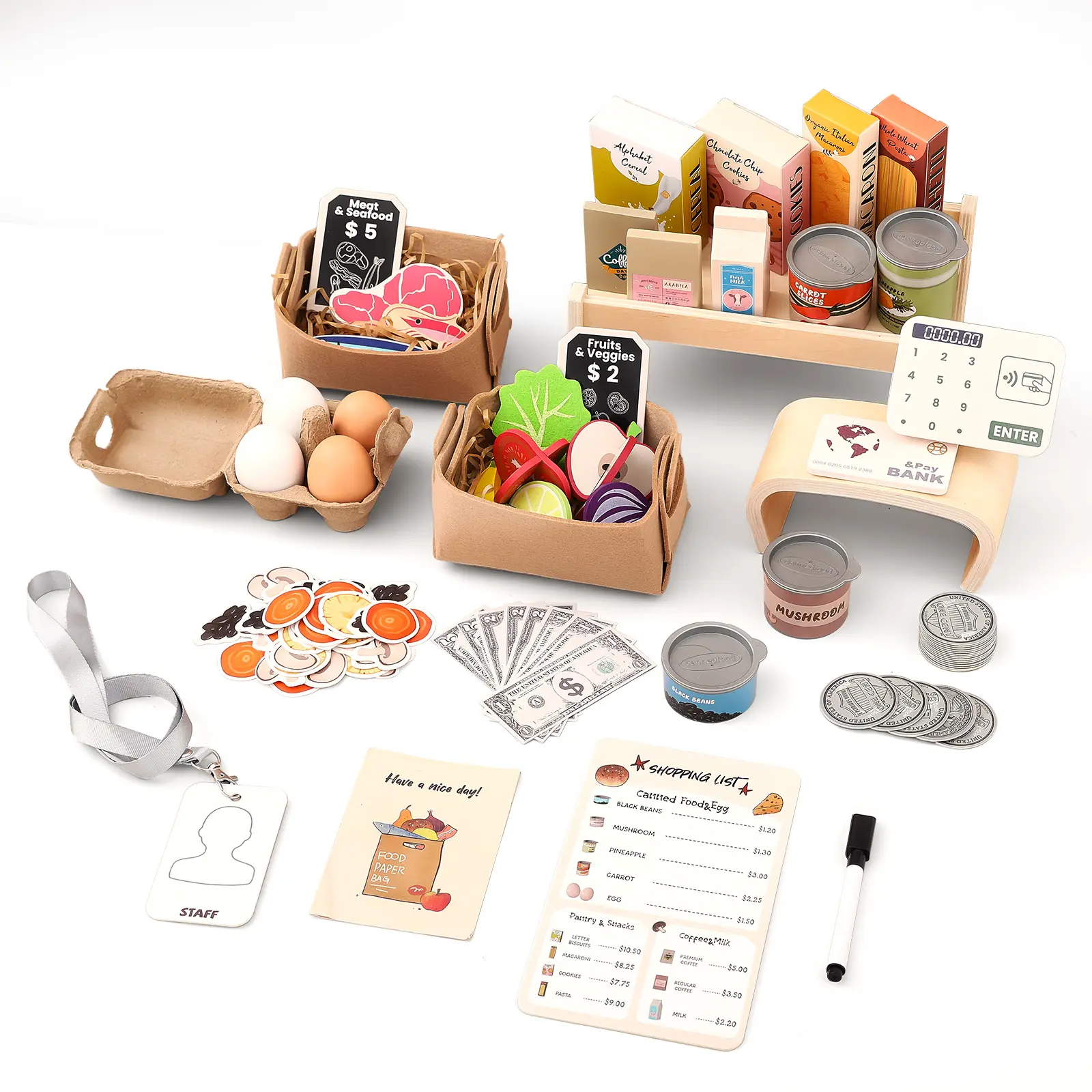 Wooden Cash Register Grocery Store Playset for Toddlers 3-8 - Montessori Learning Educational Gift with 50+ Pieces, Display Shelf, Early Math, Learn While Playing Accessories DealsForYouDays