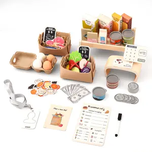 Wooden Cash Register Playset for Kids, Grocery Store Toy with 50+ Accessories, Montessori Learning Educational Gift for Toddlers 3-8
