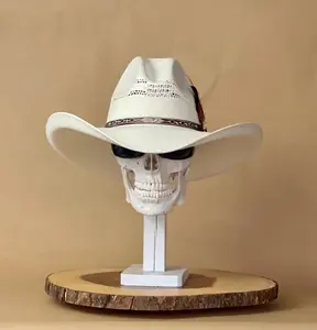 Bangora White Gus Style Cowboy hat, handmade in Mex. with an elastic sweat bandana for a comfortable fit, with rain cover and real feather.