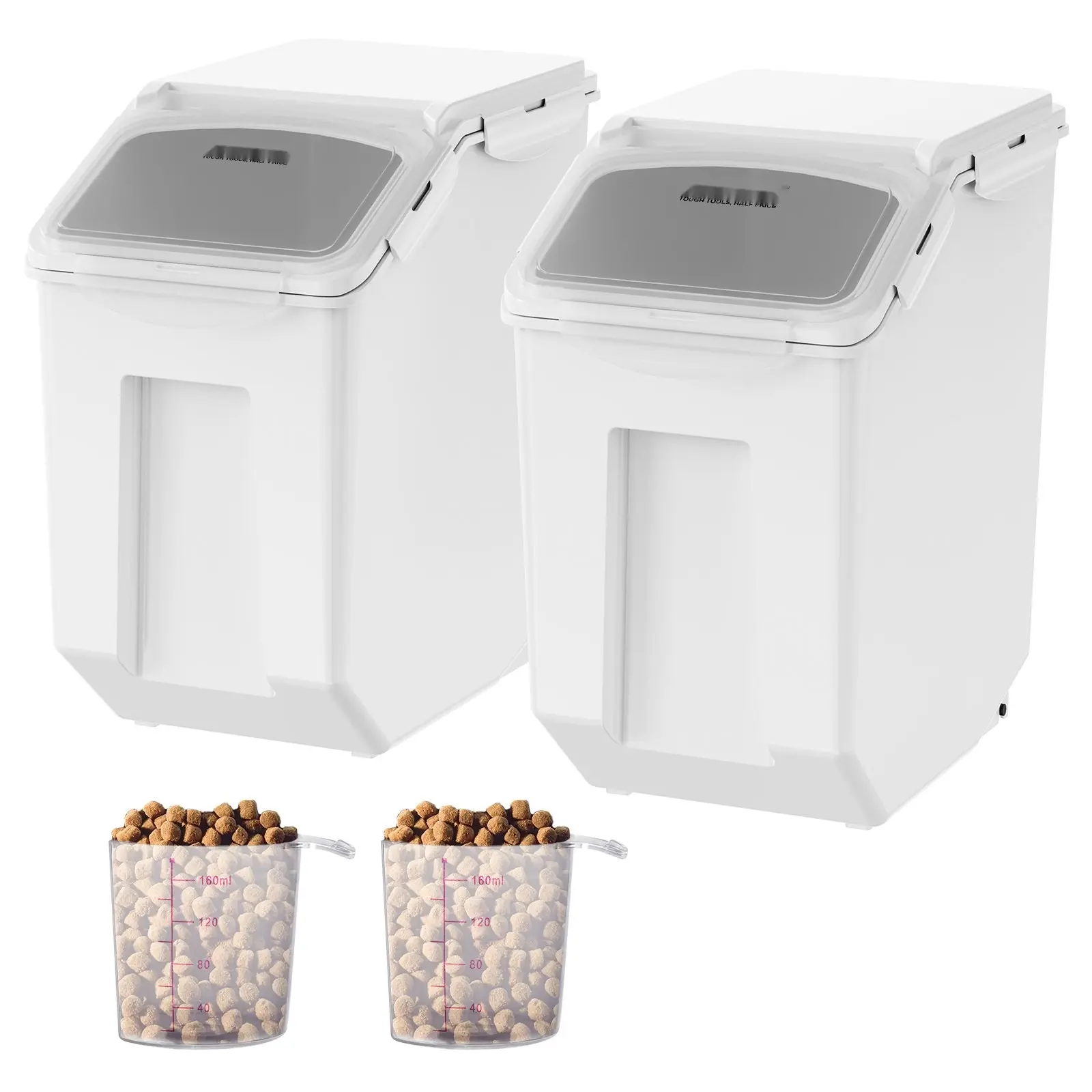 Ingredient Storage Bin Set, 2 x 15L Dispenser Bins With 2 Measuring Cups, Attachable Casters And Airtight Lids, Food Grade PP Material, Dog Pet Food Storage Container, Ideal For Rice, Cereal, Flour And Dry Pantry Organization
