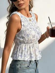 Summer Vintage Blue and Ditsy Floral Shirred Sleeveless Top, Fitted Ruffled Hem Design for a Sweet Casual Look, Perfect Daily Wear