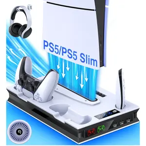 ESYWEN PS5 Stand and Cooling Station with Dual Controller Charging Station for 2023 Playstation 5 Silm Console/PS5 Dualsense Controller/2020 PS5 Digital/Disc Edition Console,White