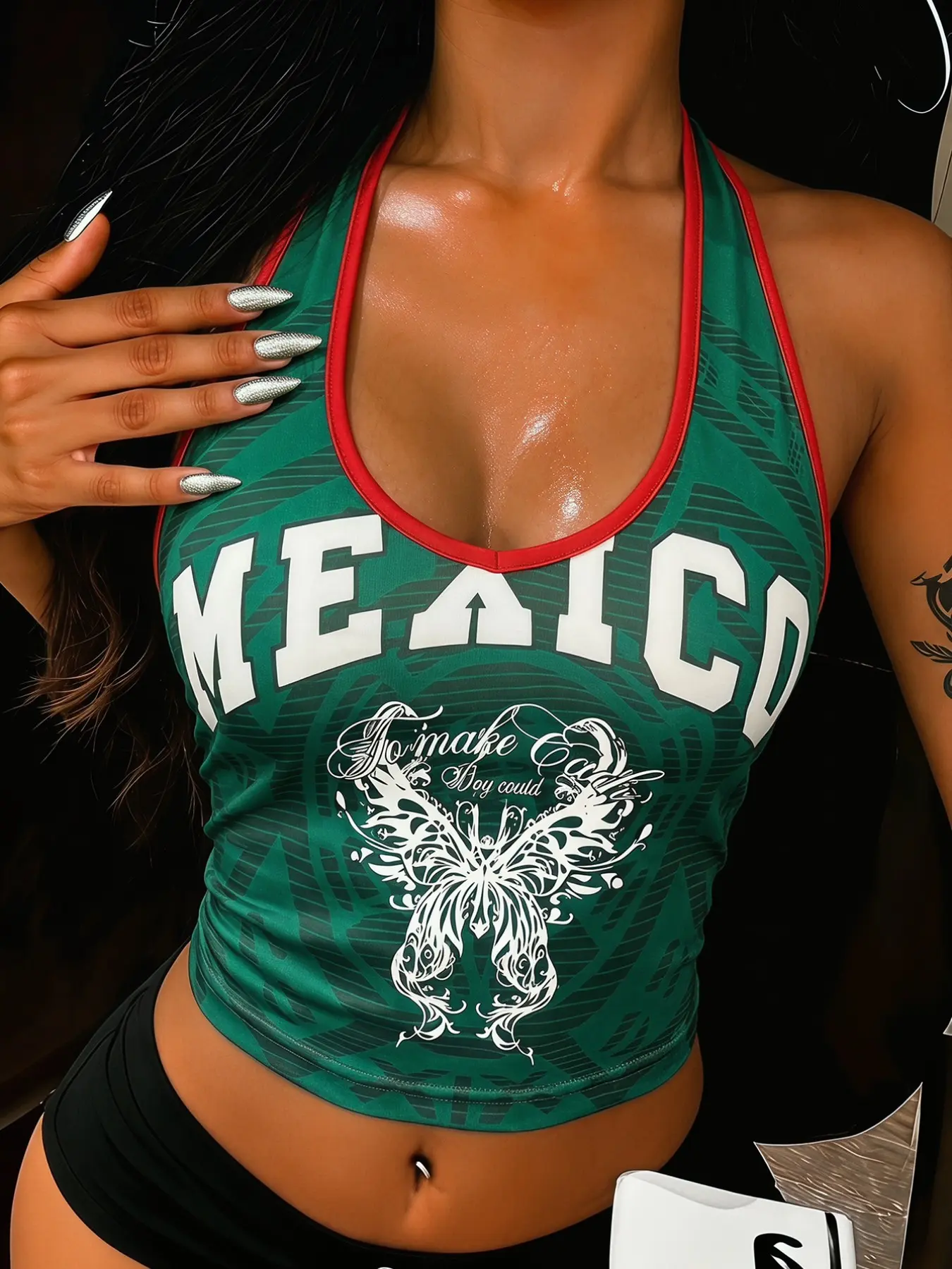 Mexico Print Back Halter Cropped Top, Y2K Baddie Backless Tank Top, Retro American Slim Fit Cami, Contrast Trim Design, Butterfly Print, Casual Fitted Backless, Viral TikTok Outfit, Ins Streetwear, Casual/Street/Layering, Versatile Halter Tank