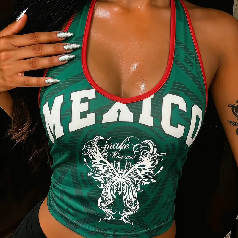 Mexico Print Back Halter Cropped Top, Y2K Baddie Backless Tank Top, Retro American Slim Fit Cami, Contrast Trim Design, Butterfly Print, Casual Fitted Backless, Viral TikTok Outfit, Ins Streetwear, Casual/Street/Layering, Versatile Halter Tank