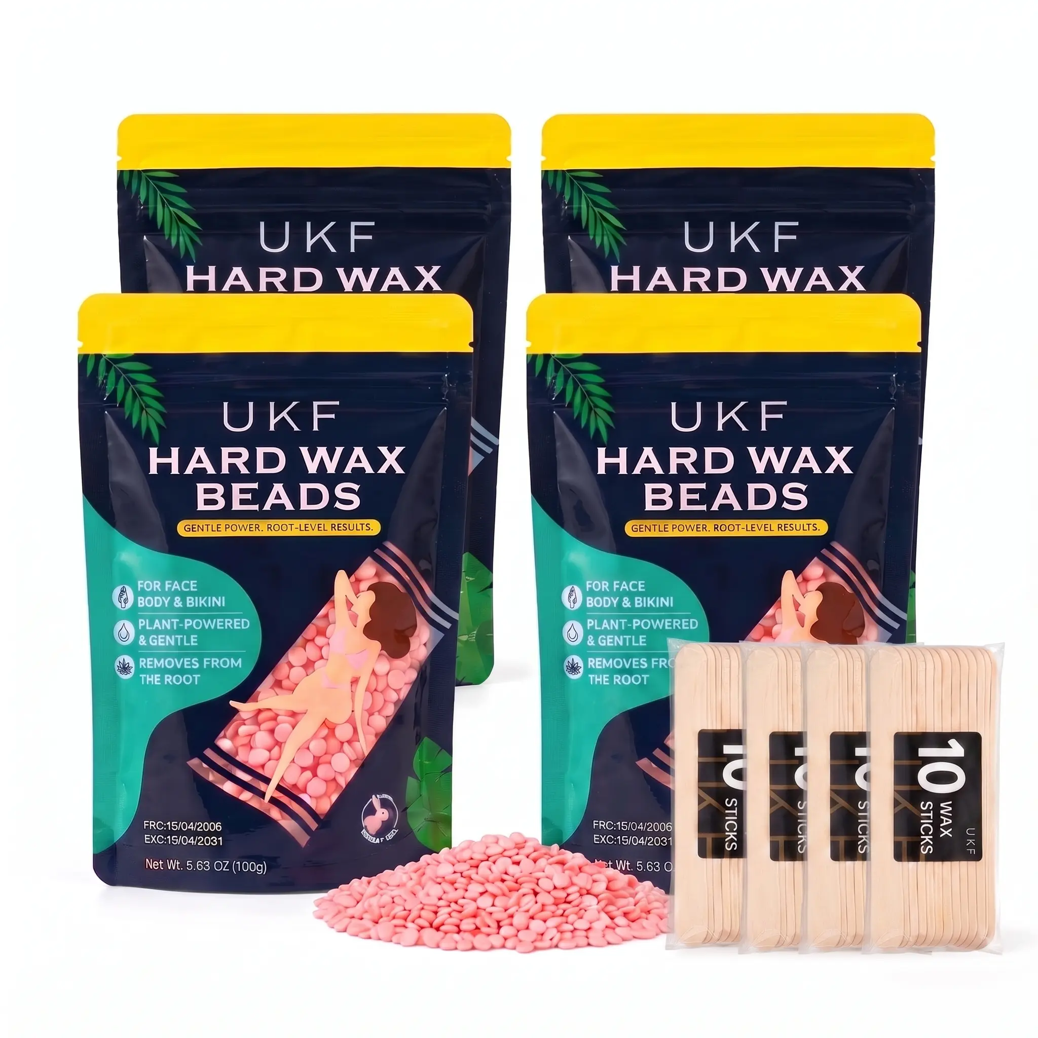 UKF Hard Wax Beads 4-Pack Hair Removal Wax Kit with 40 Wax Sticks, Professional Salon Quality Bikini Wax for Women, Brazilian, Face, Legs & Underarms, Sensitive Skin, No Strip Needed At Home Waxing