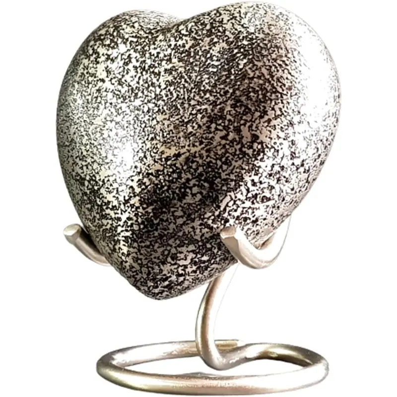 Brass Mini Cremation Urn Heart-Shaped Keepsake Memorial Jar Pot Container| Small Urn for Funeral Ashes Burial| Textured Metal Keepsake with Stand| Silver - 2.75" Inches