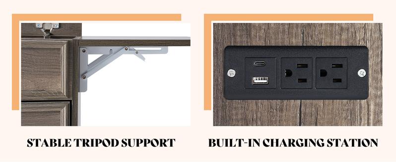 AMERLIFE 3-in-1 Makeup Vanity with Sliding Stool, Fold-up Panel, Divided Storage & Power Port, Farmhouse Makeup Table with Adjustable LED Light, for Small Space/Best Gift Ideas/Christmas Gifts