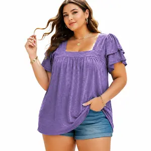 ROSRISS Women's Plus Size Chic Rayon Loose-Fitting Summer Tops, Petal Short Sleeve T-Shirts, Square Neck Flowy Pleated Tunics, Size XL-5XL VPS0130,summervibes outdoorfun summervibes outdoorfun clothes