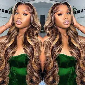 [Body Wave 13X6 Lace Frontal Wigs 30 Inches Only 95.99$] HD Lace Front Human Hair Wigs For Women Colored P4/27 Highlight Color Chocolate Brown Color Natural Color Body Wave Human Hair Wigs