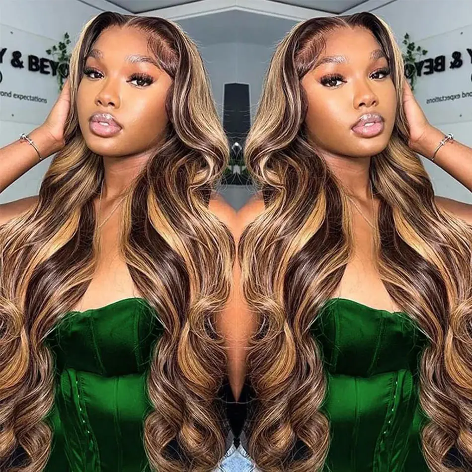 [Body Wave 13X6 Lace Frontal Wigs 30 Inches Only 95.99$] HD Lace Front Human Hair Wigs For Women Colored P4/27 Highlight Color Chocolate Brown Color Natural Color Body Wave Human Hair Wigs