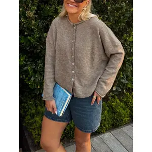 Women's solid color long sleeved buttoned front woolen sweater | Machine washable closed sweater