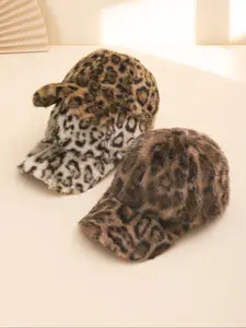 Korean Fashion Fuzzy Leopard Print Baseball Cap, Vintage Versatile Trendy Snapback Hat, Perfect for Spring & Fall