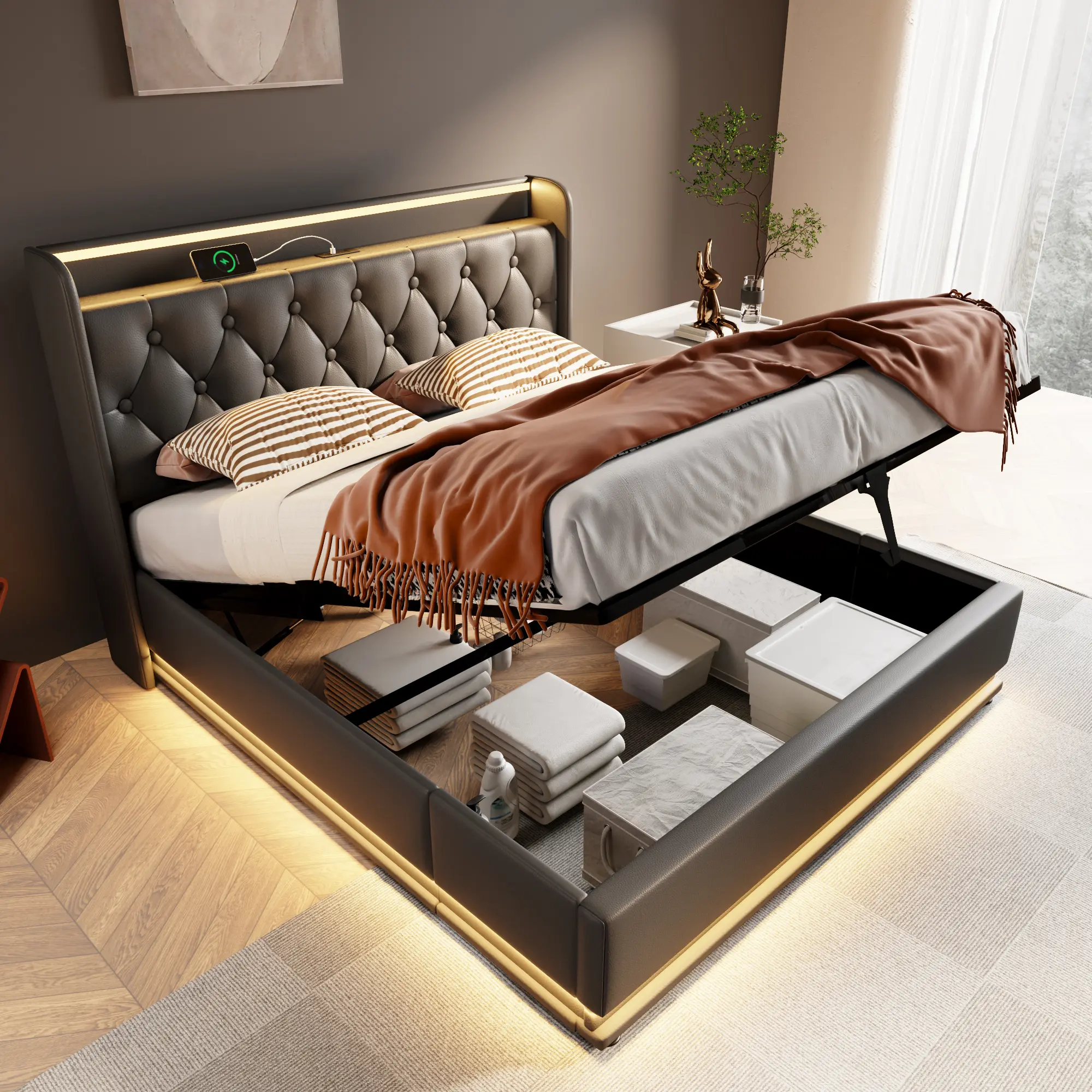 Donext King/Queen/Full/Twin Bed Frame, Upholstered Hydraulic Storage Bed with 360° LED, Remote Control & USB-C Charging, Black PU California King Bed with Headboard (No Mattress) Platform Bedframe Smart Led Bed