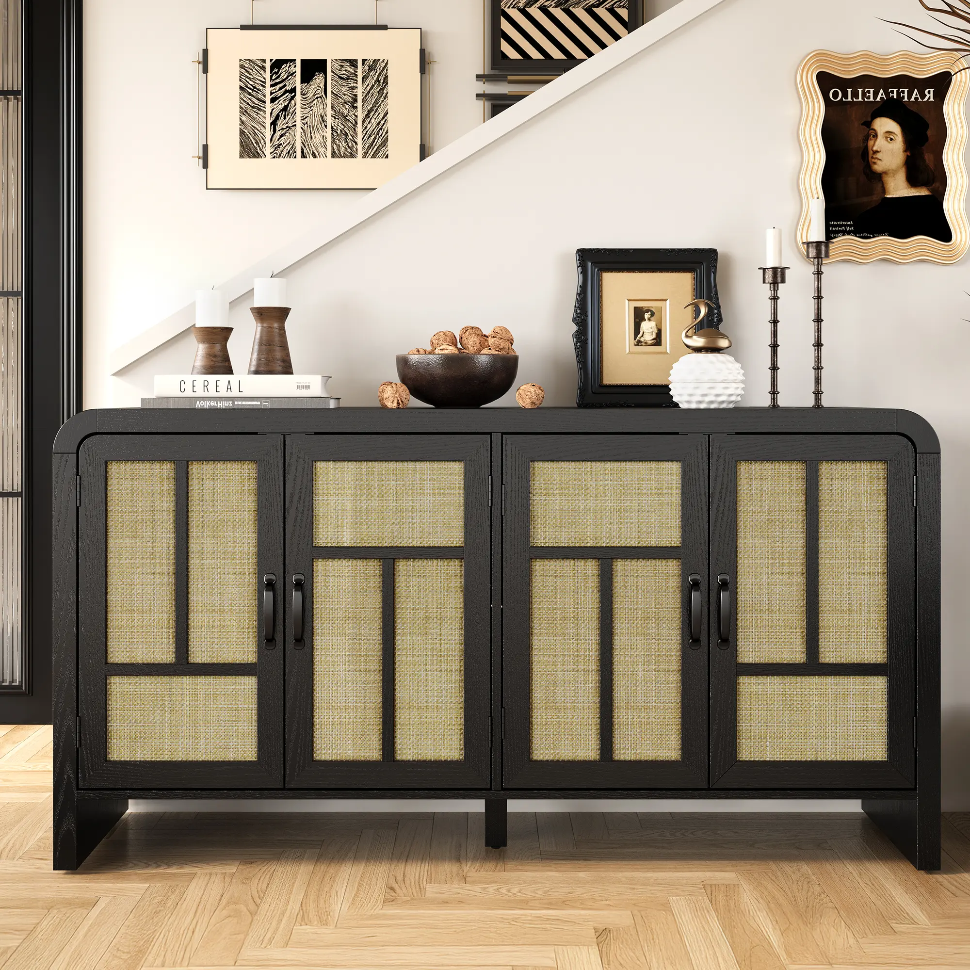 RoyalCraft Buffet Cabinet with Storage Sideboard Accent Farmhouse Credenza with 4 Doors & Shelves Rattan 59" Media Console Boho Coffee Bar Table for Living Room Kitchen Dining Room Hallway
