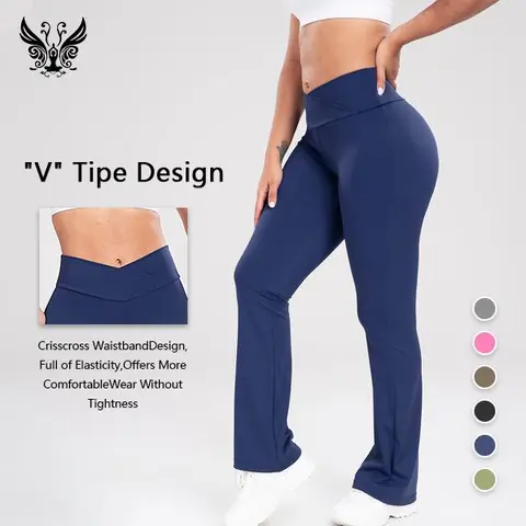 Yizhen Sports Women's High-Stretch Plain Navy High-Waist Flare Elastic Waist Comfy Pants - Gym Workout Seamless Athleisure, Soft Breathable Crisscross Detail, for Fitness, Running