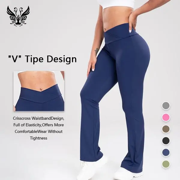 Yizhen Sports Women's High-Stretch Plain Navy High-Waist Flare Elastic Waist Comfy Pants - Gym Workout Seamless Athleisure, Soft Breathable Crisscross Detail, for Fitness, Running