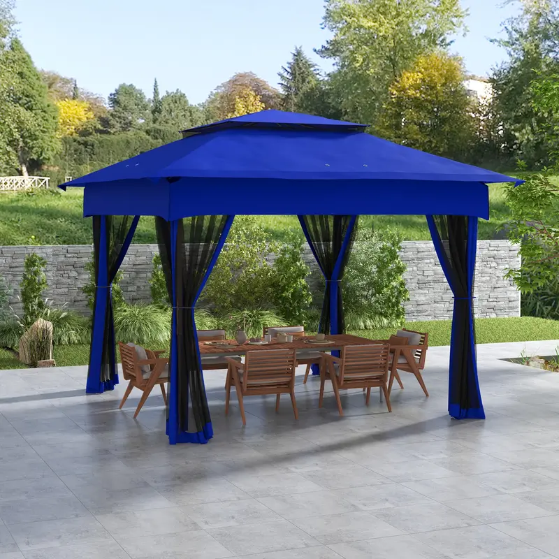 Outsunny 11x11 ft Portable Instant Canopy, Sturdy Hybrid Frame Polyester Outdoor Patio Gazebo Shelter with Removable Zipper Netting, 77.5" Eaves Cover, 8 Ground Stakes, 114 Sq Ft Shade & Carry Bag for Backyard, Garden, Blue