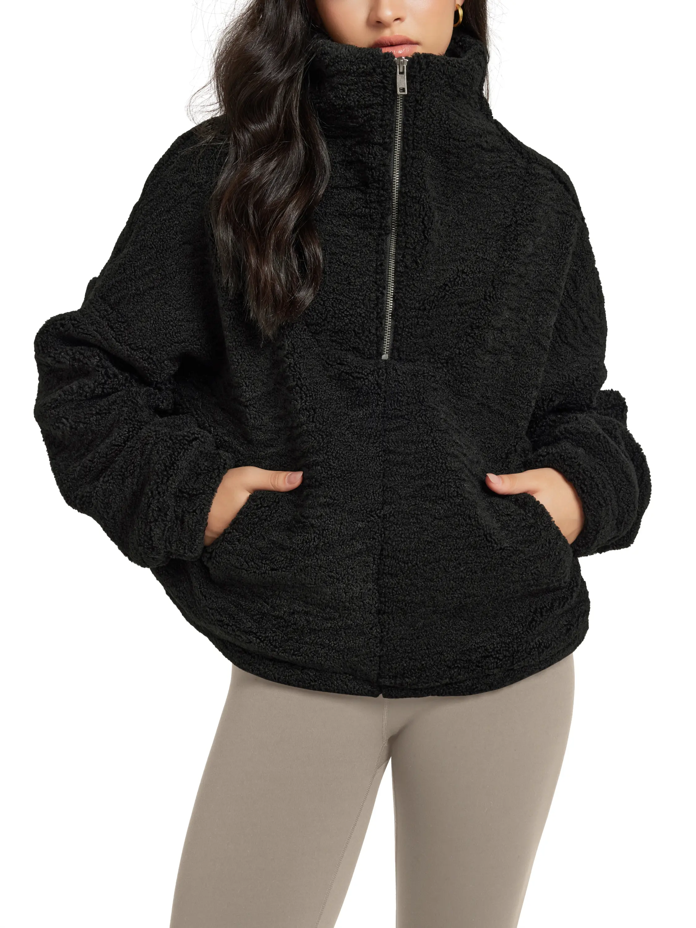 ODODOS Women's Sherpa Fleece Half-Zip Pullover - Cozy Warm Long Sleeve Sweatshirt Cinchable Outerwear with Pockets