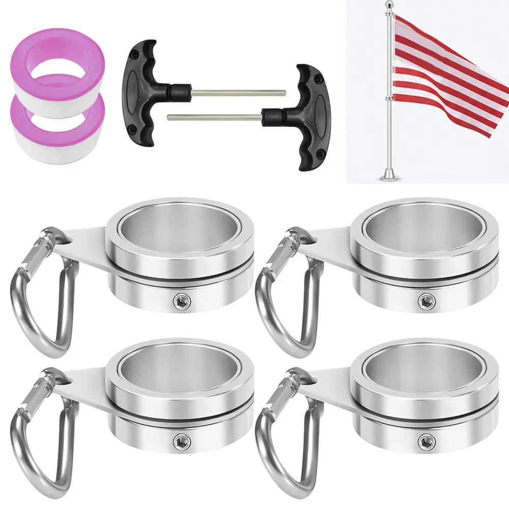 Black/Silver 4-Pack 360° Rotator Flagpole Rings Kit with Hooks, Clamps, T-Wrench, Hex Key & PTFE Tape - Anti-Wrap Aluminum Mounting Set for 0.75"-1" Poles