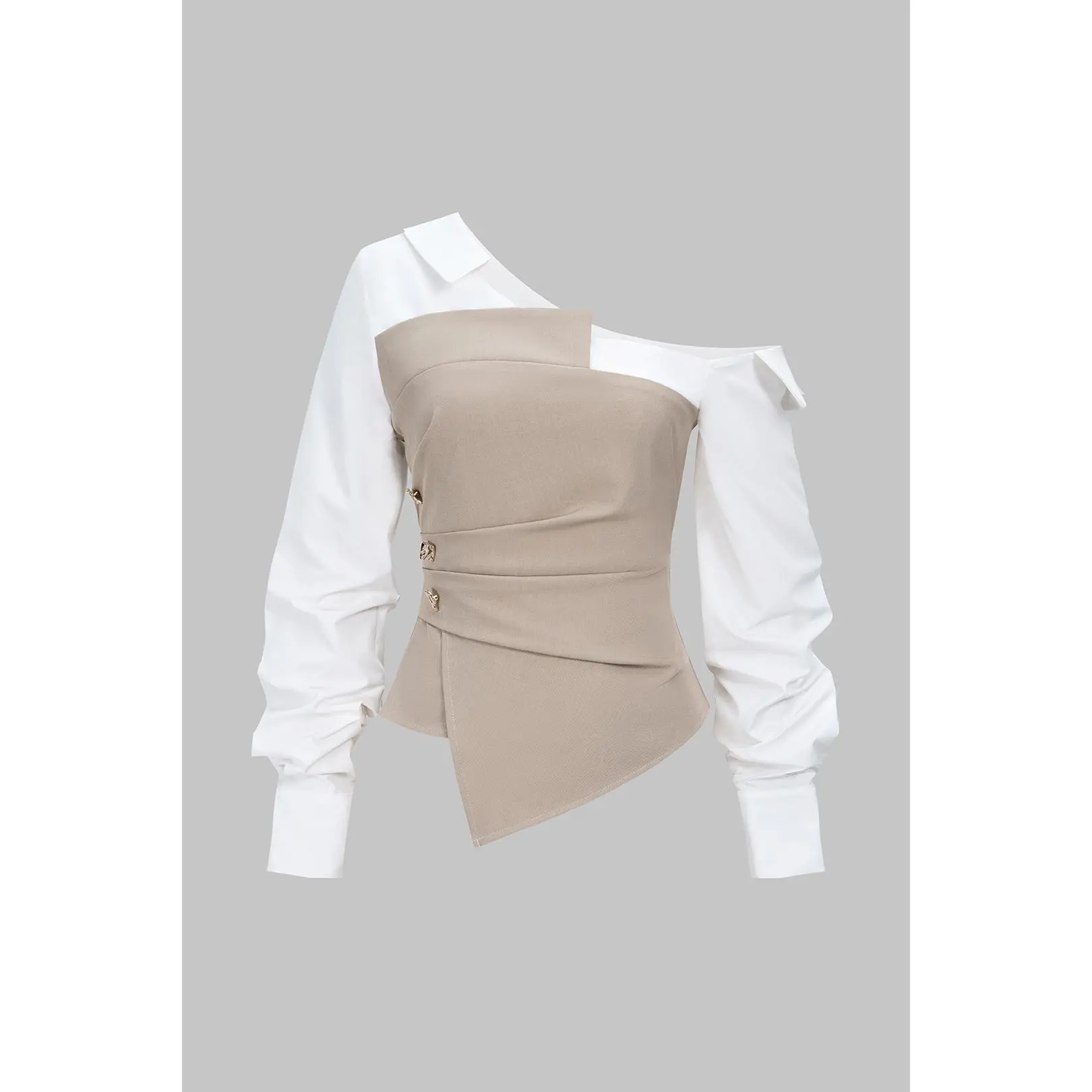 One Shoulder Metallic Decor Zipper Asymmetrical Long-Sleeve Shirt