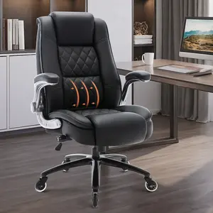 High Back Office Chair with Flip-Up Arms & Adjustable Lumbar Support, Ergonomic Executive Desk Chair with Thick Cushion & 360° Swivel, Heavy-Duty Metal Base and Quiet Rolling Wheels