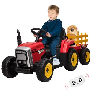 【GARVEE】12V Ride-On Tractor with Trailer and Remote Control for Toddlers, Featuring LED Headlights, 2+1 Gear Shift, MP3 Player, USB, Speed up to 5mph, 25W Motor, Tread Tires, in Red