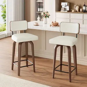 26" Swivel Bar Stools Set, Upholstered Counter Height with Back, Mid Century Faux Leather Barstool, Walnut Wood Legs for Kitchen Island
