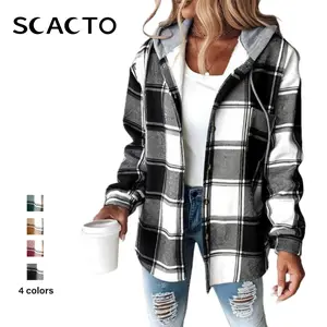 Scacto Women's Plaid Long Sleeve Hooded Fleece Lined Warm Coat Casual Chic Button-Up Soft Winter Top Plus Size Outerwear