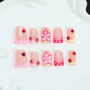 10 square handmade nail tips, Press on nail, Y2K, Sweet Girl Nail Art, Strawberry, 3D Stereoscopic, Hand drawn, Embossed, French Design, Suitable for Women's Nail Stickers, Dating, Daily Wearing Shiny Nails, Including Tool Kit, Excellent Gift