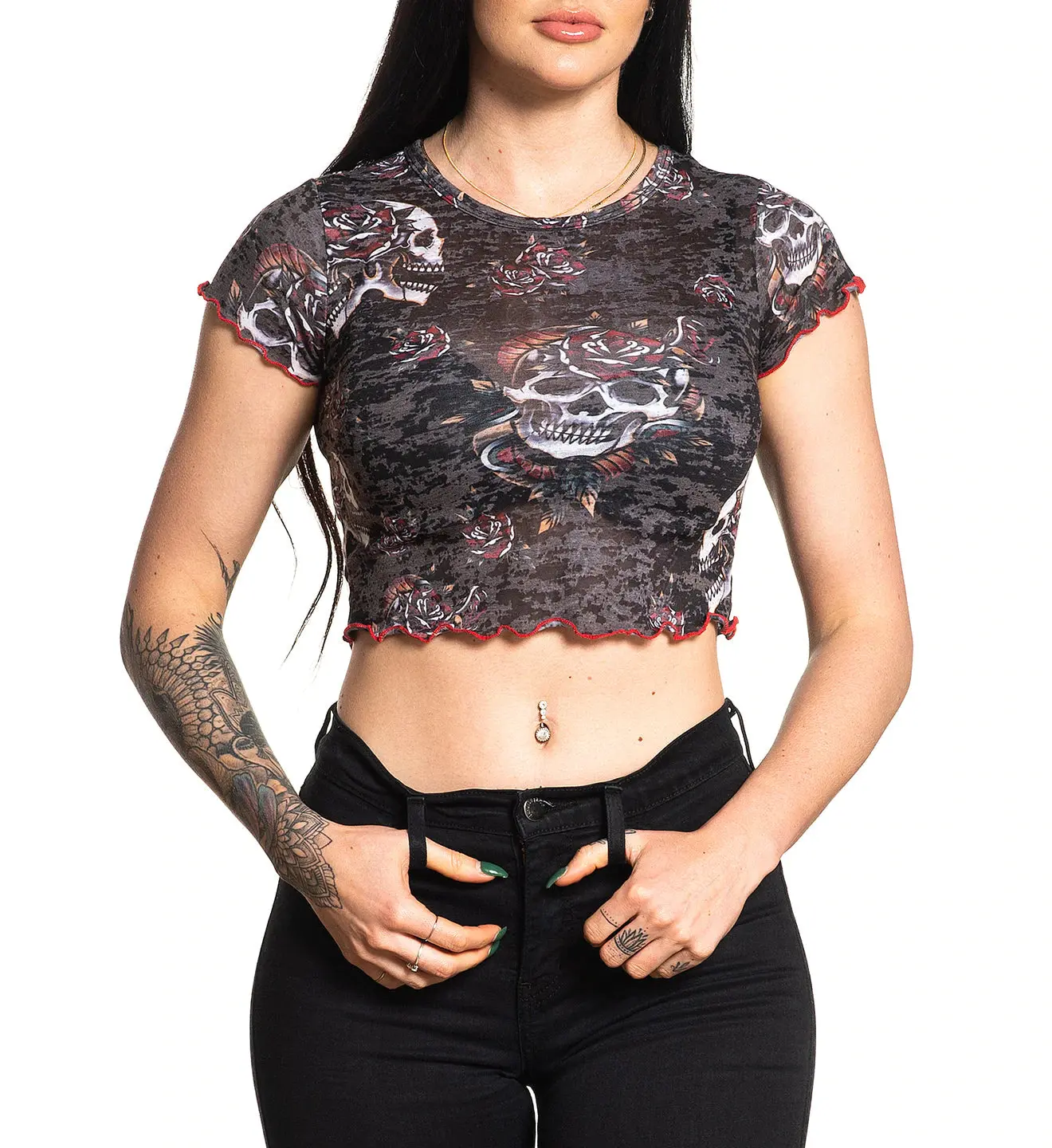 Affliction Sinful Collection Women's Mystic Spirit Cropped Graphic Top, Gothic Biker Dark Aesthetic, Short-Sleeve Round Neck, Polyester Blend, Graphic Print, Cotton, Shortsleeve, Tee, Tshirt, Slim-Fitting, Streetwear, All Seasons