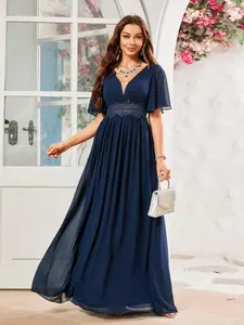 Women's V Neck Flare Sleeve Sequined Embroidery Patchwork Chiffon Elegant A-Line Dress, Party, Formal & Evening Wear, Comfortable Fit