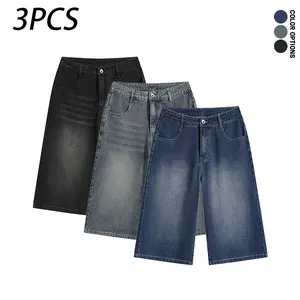 Pack of 3 men’s casual denim shorts—three-quarter length. Loose fit with a vintage washed distressed design; versatile for everyday wear and casual sporty looks.